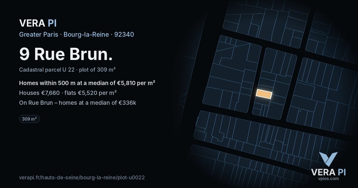 9 Rue Brun, Bourg-la-Reine at night – the plot lit, the parcels around coloured by the prices near them