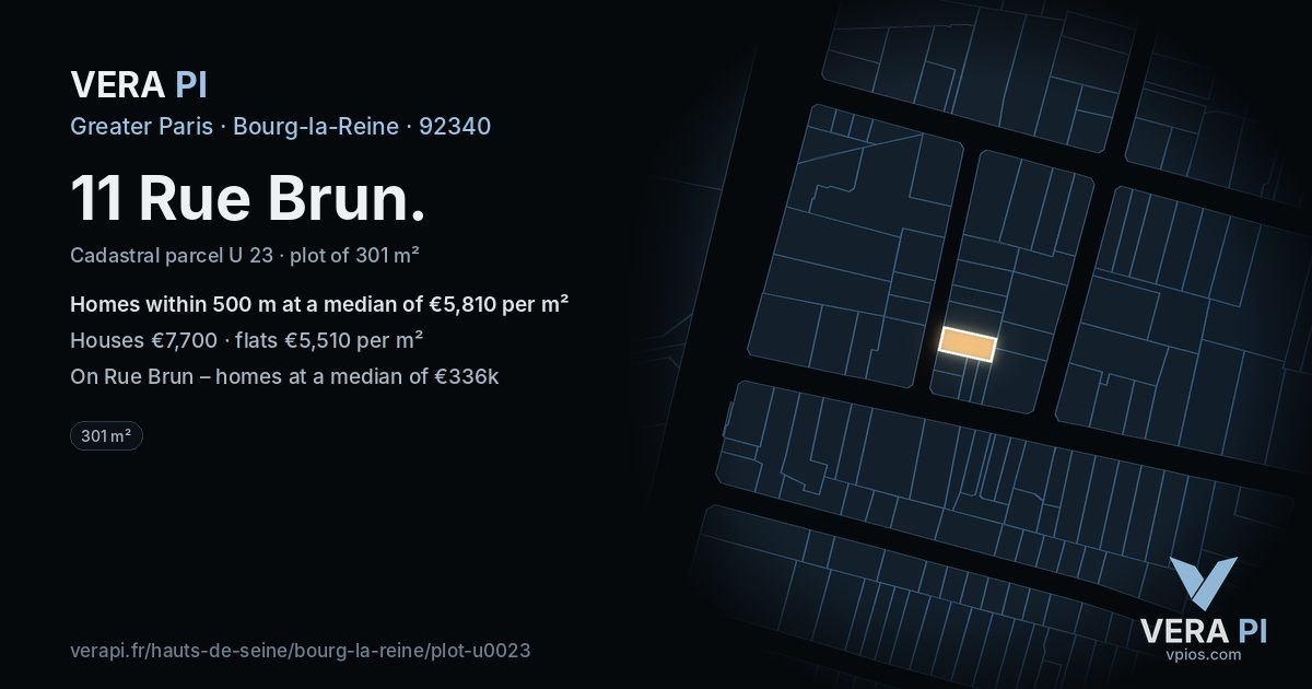 11 Rue Brun, Bourg-la-Reine at night – the plot lit, the parcels around coloured by the prices near them