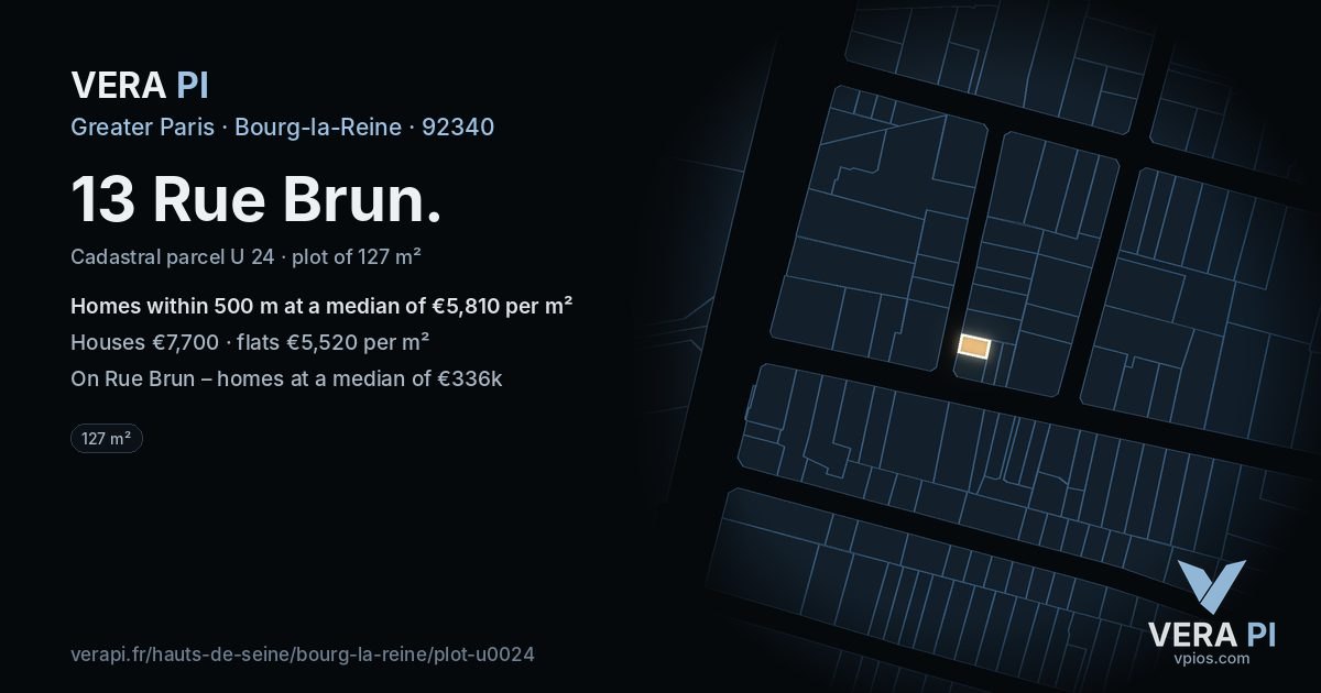 13 Rue Brun, Bourg-la-Reine at night – the plot lit, the parcels around coloured by the prices near them