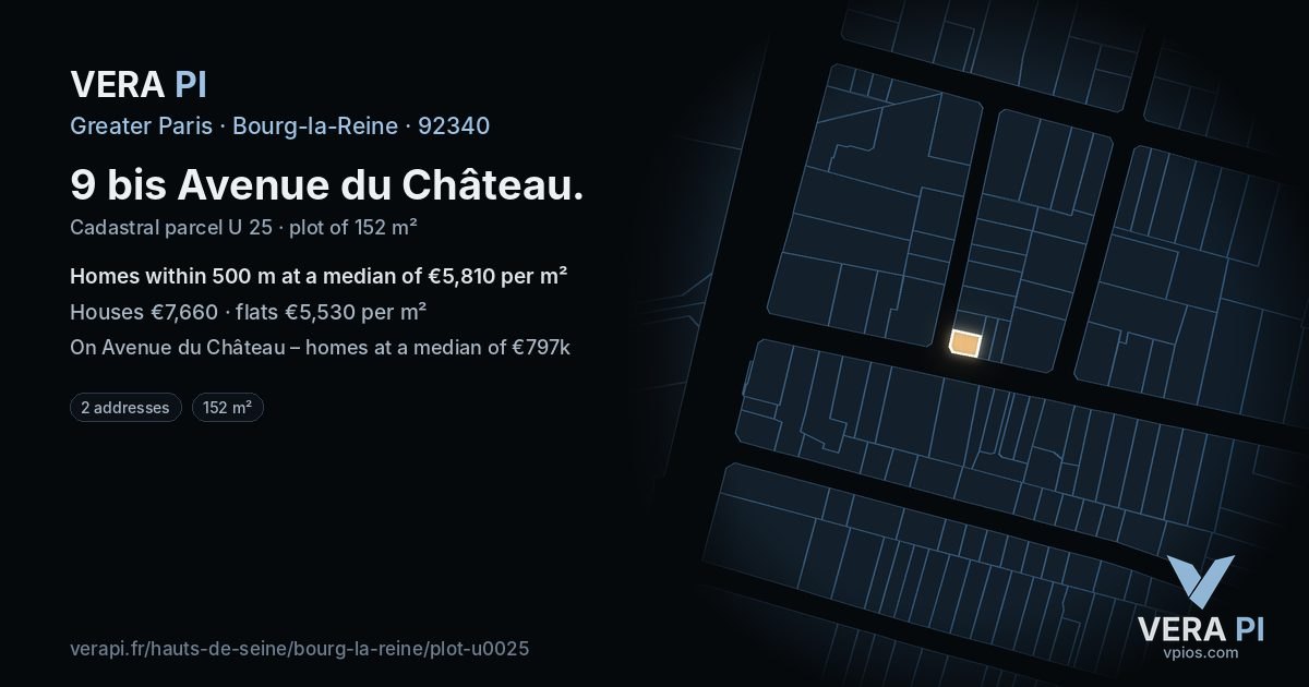 9 bis Avenue du Château, Bourg-la-Reine at night – the plot lit, the parcels around coloured by the prices near them