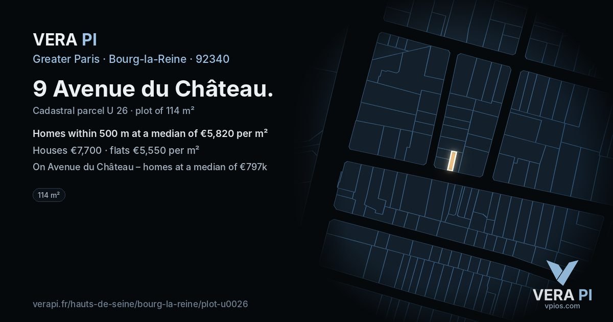 9 Avenue du Château, Bourg-la-Reine at night – the plot lit, the parcels around coloured by the prices near them