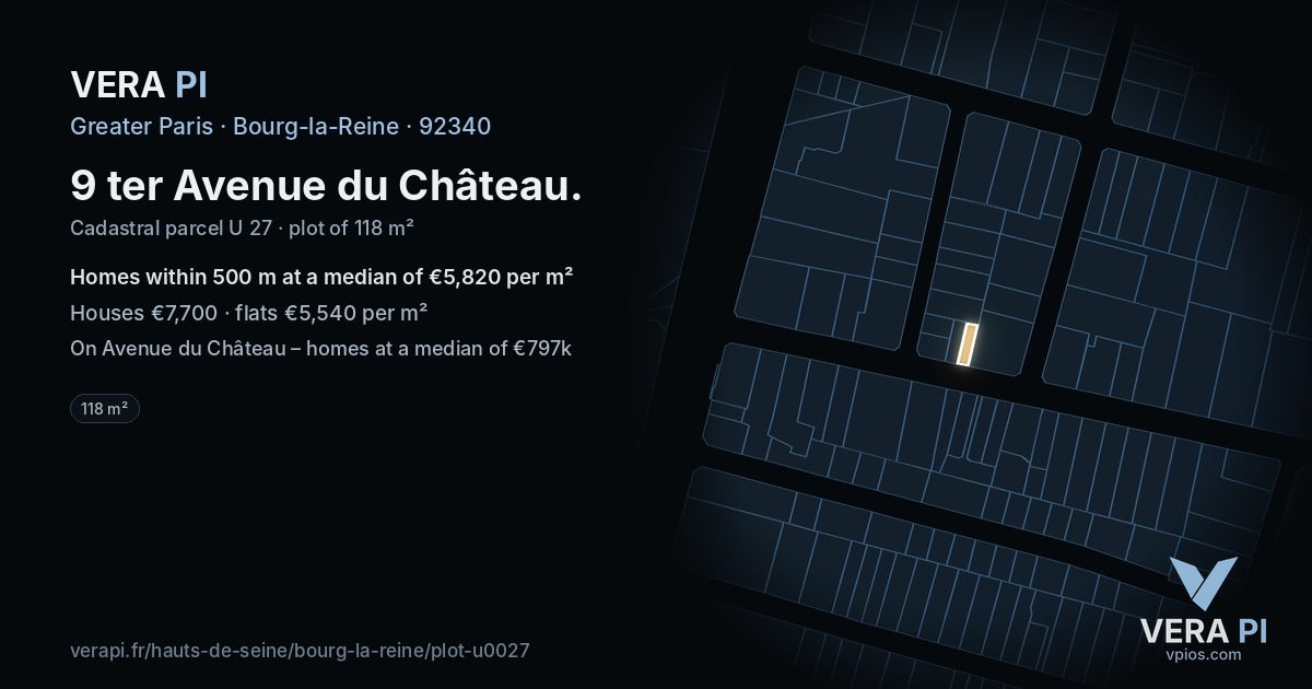 9 ter Avenue du Château, Bourg-la-Reine at night – the plot lit, the parcels around coloured by the prices near them