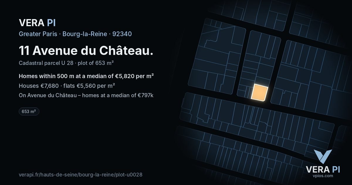 11 Avenue du Château, Bourg-la-Reine at night – the plot lit, the parcels around coloured by the prices near them