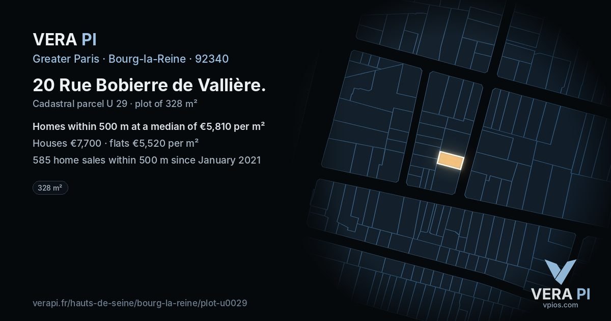 20 Rue Bobierre de Vallière, Bourg-la-Reine at night – the plot lit, the parcels around coloured by the prices near them
