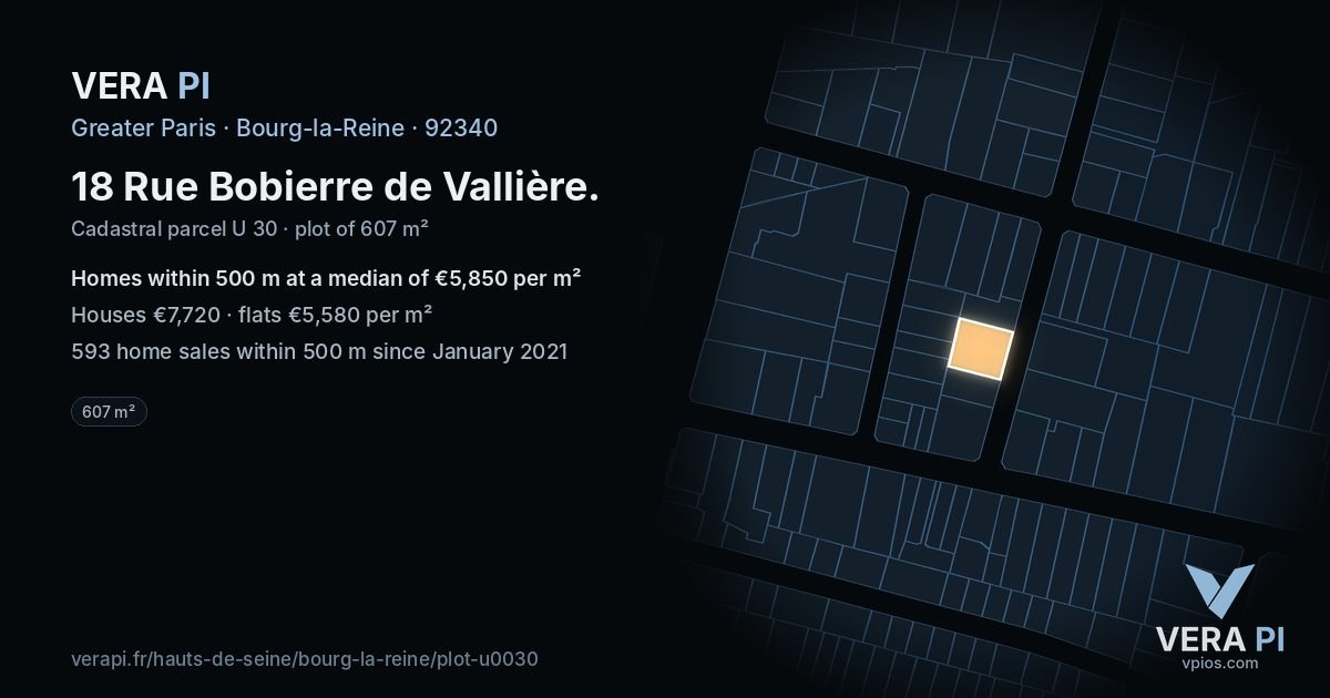 18 Rue Bobierre de Vallière, Bourg-la-Reine at night – the plot lit, the parcels around coloured by the prices near them