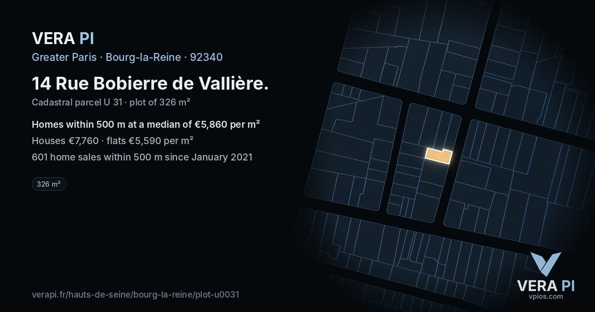 14 Rue Bobierre de Vallière, Bourg-la-Reine at night – the plot lit, the parcels around coloured by the prices near them