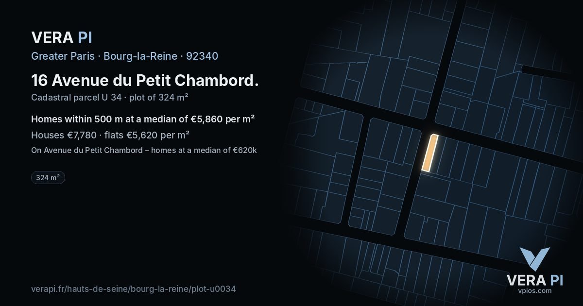 16 Avenue du Petit Chambord, Bourg-la-Reine at night – the plot lit, the parcels around coloured by the prices near them