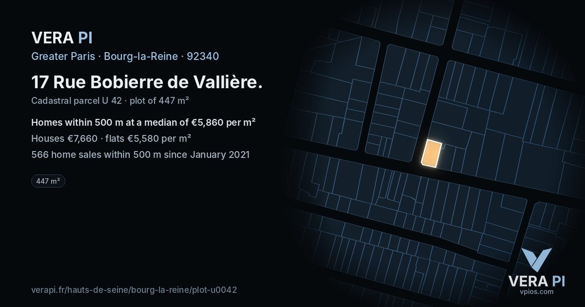 17 Rue Bobierre de Vallière, Bourg-la-Reine at night – the plot lit, the parcels around coloured by the prices near them