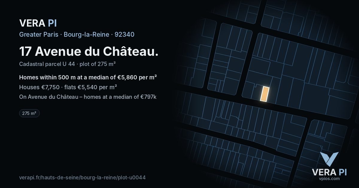 17 Avenue du Château, Bourg-la-Reine at night – the plot lit, the parcels around coloured by the prices near them