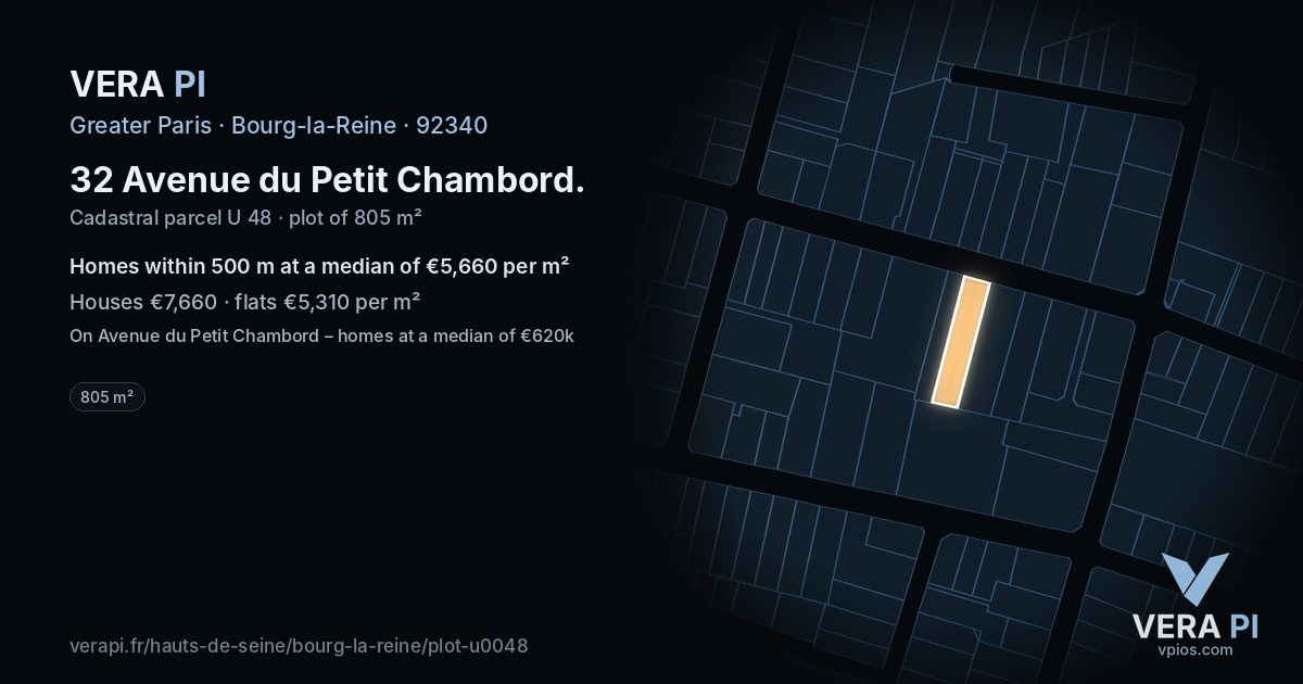 32 Avenue du Petit Chambord, Bourg-la-Reine at night – the plot lit, the parcels around coloured by the prices near them