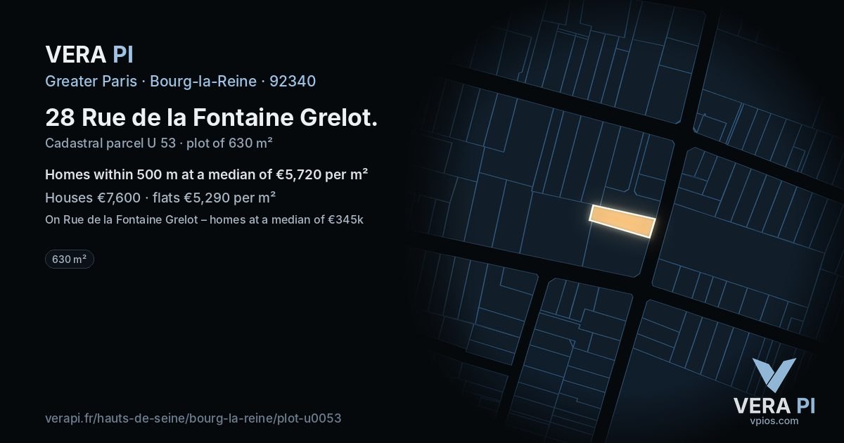 28 Rue de la Fontaine Grelot, Bourg-la-Reine at night – the plot lit, the parcels around coloured by the prices near them