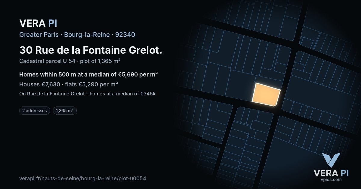 30 Rue de la Fontaine Grelot, Bourg-la-Reine at night – the plot lit, the parcels around coloured by the prices near them