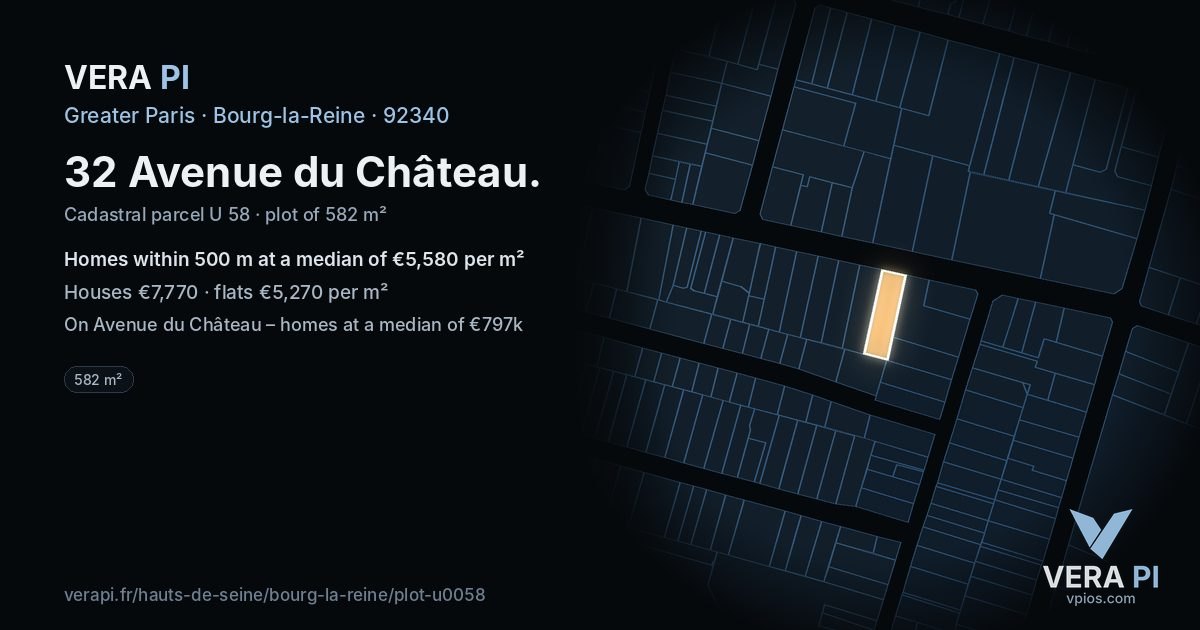 32 Avenue du Château, Bourg-la-Reine at night – the plot lit, the parcels around coloured by the prices near them