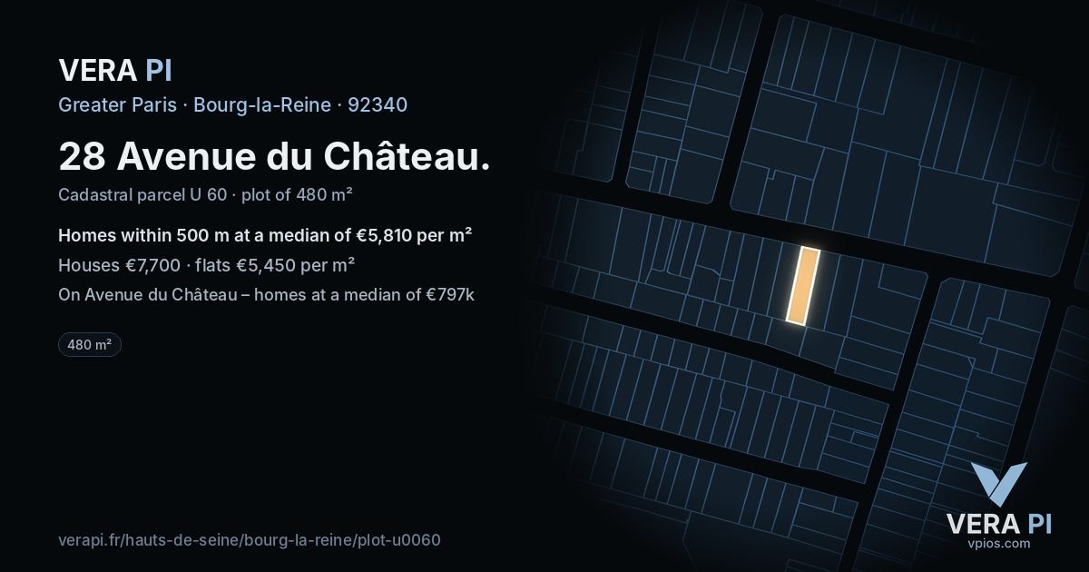 28 Avenue du Château, Bourg-la-Reine at night – the plot lit, the parcels around coloured by the prices near them