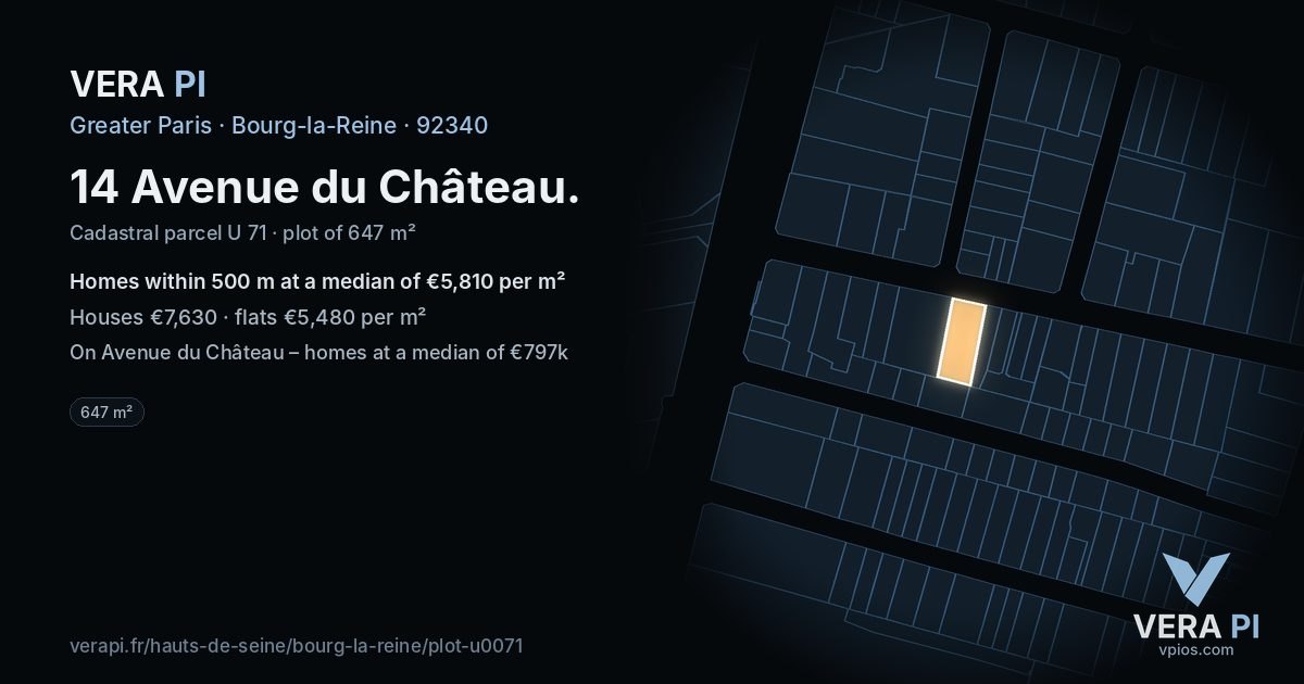 14 Avenue du Château, Bourg-la-Reine at night – the plot lit, the parcels around coloured by the prices near them
