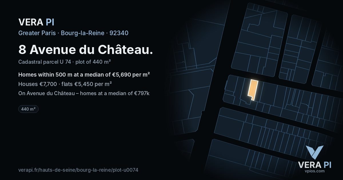 8 Avenue du Château, Bourg-la-Reine at night – the plot lit, the parcels around coloured by the prices near them