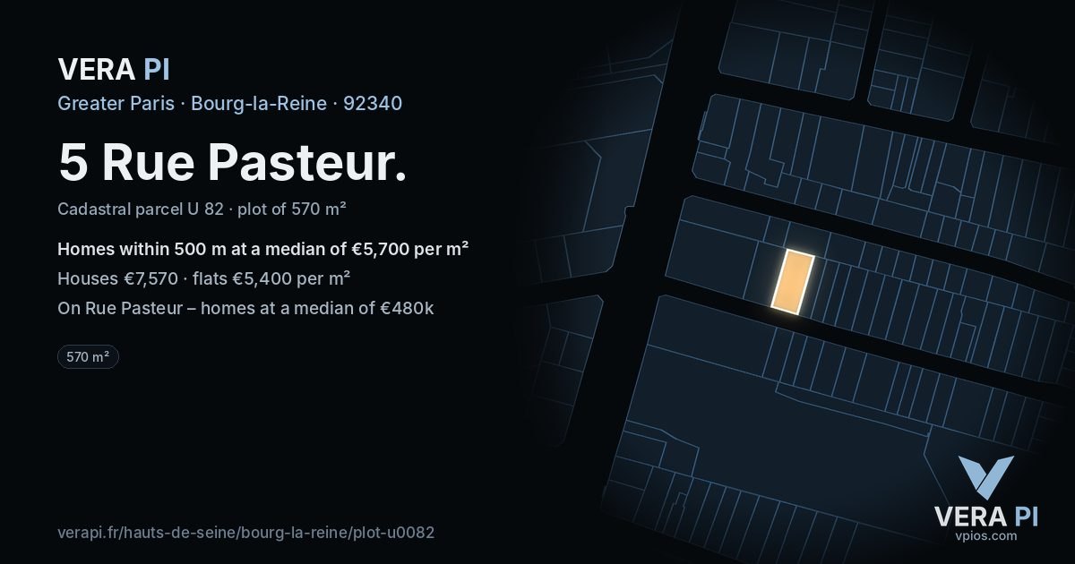 5 Rue Pasteur, Bourg-la-Reine at night – the plot lit, the parcels around coloured by the prices near them