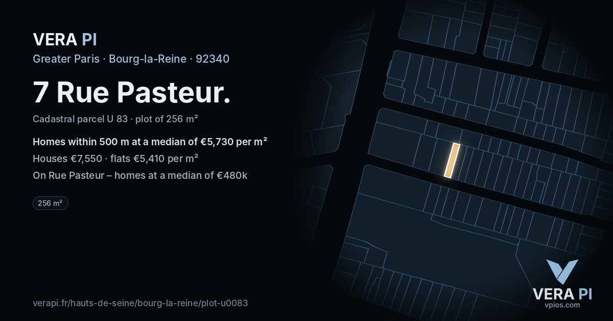 7 Rue Pasteur, Bourg-la-Reine at night – the plot lit, the parcels around coloured by the prices near them