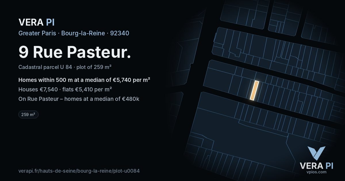 9 Rue Pasteur, Bourg-la-Reine at night – the plot lit, the parcels around coloured by the prices near them