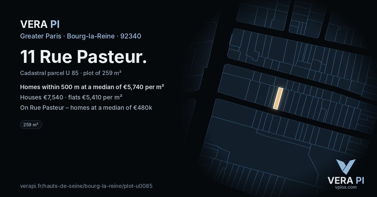11 Rue Pasteur, Bourg-la-Reine at night – the plot lit, the parcels around coloured by the prices near them