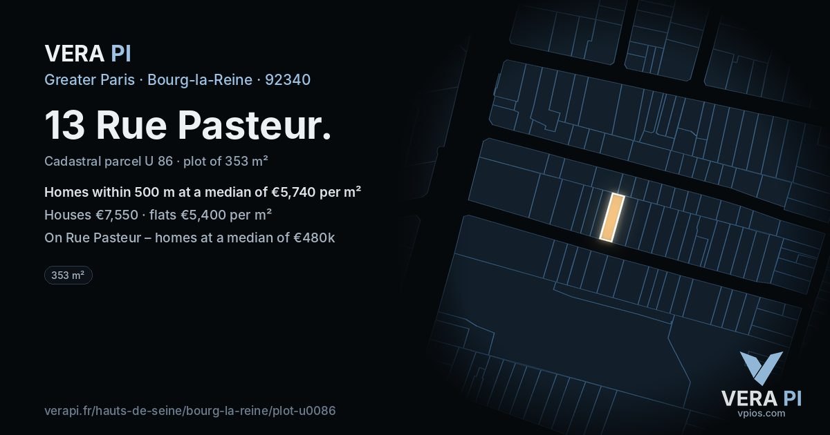 13 Rue Pasteur, Bourg-la-Reine at night – the plot lit, the parcels around coloured by the prices near them