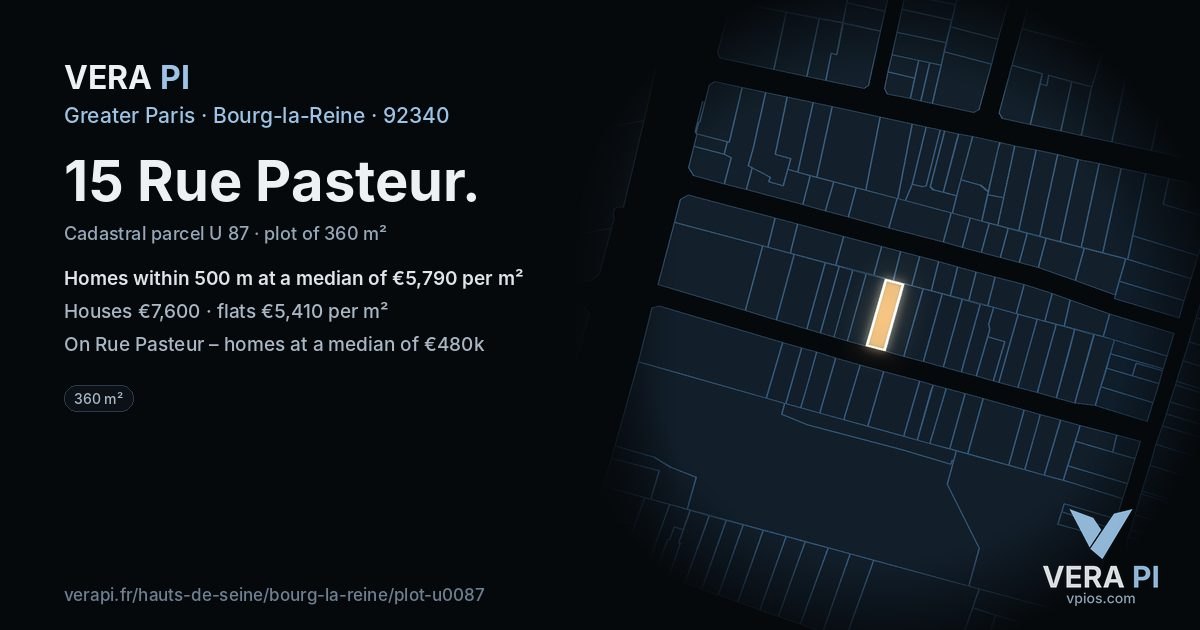 15 Rue Pasteur, Bourg-la-Reine at night – the plot lit, the parcels around coloured by the prices near them