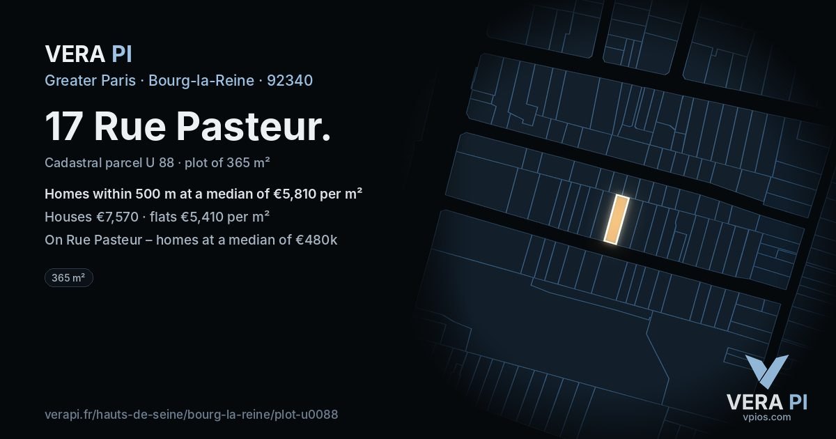 17 Rue Pasteur, Bourg-la-Reine at night – the plot lit, the parcels around coloured by the prices near them