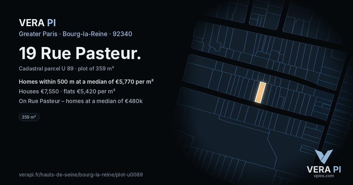 19 Rue Pasteur, Bourg-la-Reine at night – the plot lit, the parcels around coloured by the prices near them