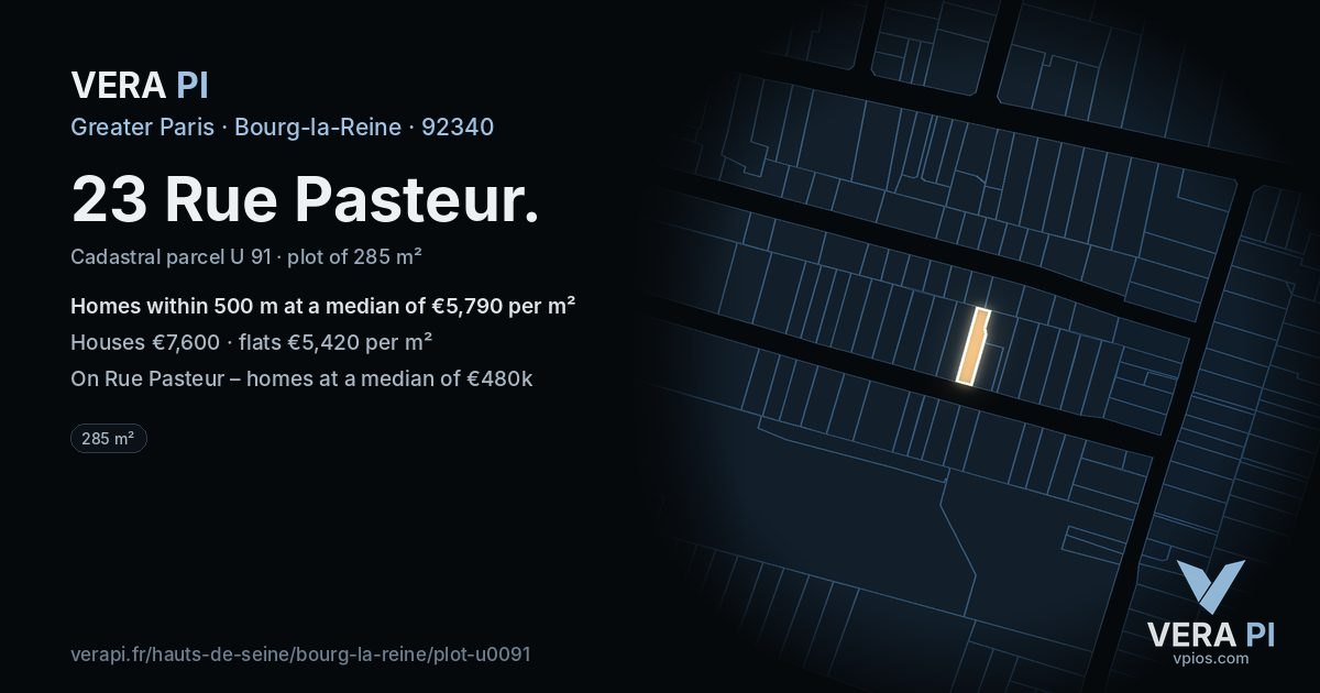23 Rue Pasteur, Bourg-la-Reine at night – the plot lit, the parcels around coloured by the prices near them