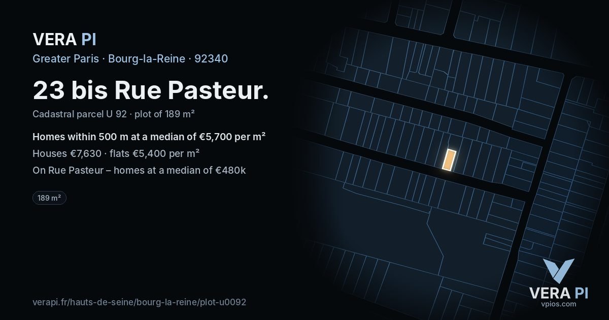 23 bis Rue Pasteur, Bourg-la-Reine at night – the plot lit, the parcels around coloured by the prices near them
