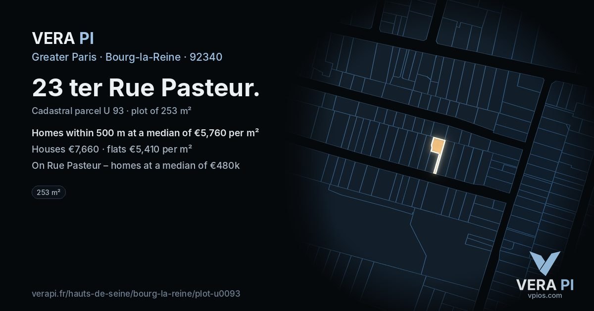 23 ter Rue Pasteur, Bourg-la-Reine at night – the plot lit, the parcels around coloured by the prices near them