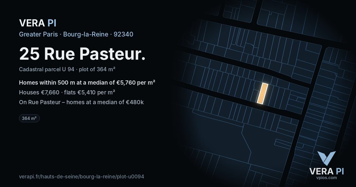 25 Rue Pasteur, Bourg-la-Reine at night – the plot lit, the parcels around coloured by the prices near them