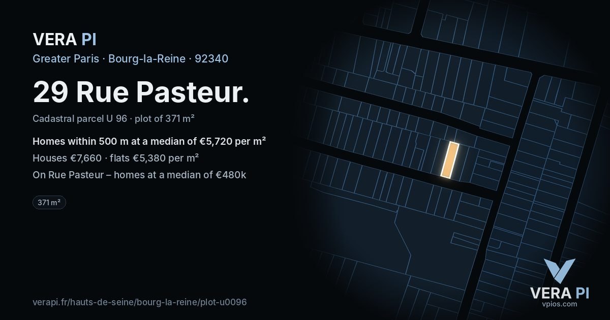 29 Rue Pasteur, Bourg-la-Reine at night – the plot lit, the parcels around coloured by the prices near them