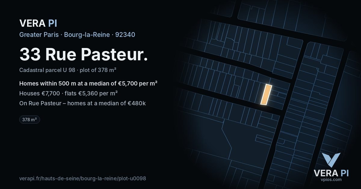 33 Rue Pasteur, Bourg-la-Reine at night – the plot lit, the parcels around coloured by the prices near them