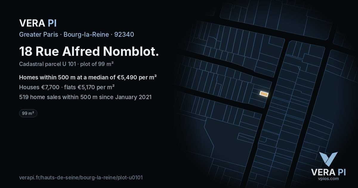 18 Rue Alfred Nomblot, Bourg-la-Reine at night – the plot lit, the parcels around coloured by the prices near them