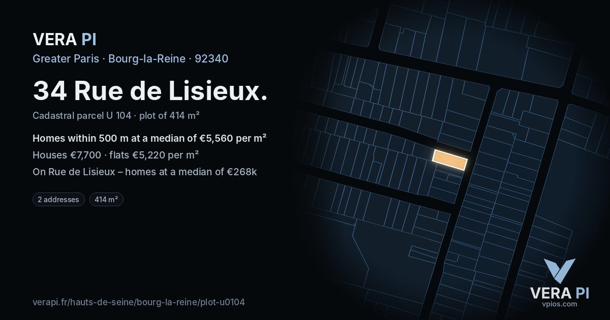 34 Rue de Lisieux, Bourg-la-Reine at night – the plot lit, the parcels around coloured by the prices near them