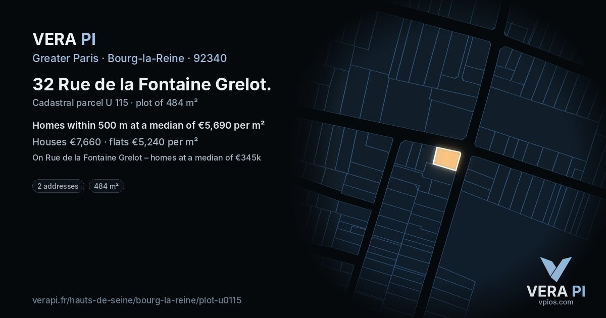 32 Rue de la Fontaine Grelot, Bourg-la-Reine at night – the plot lit, the parcels around coloured by the prices near them