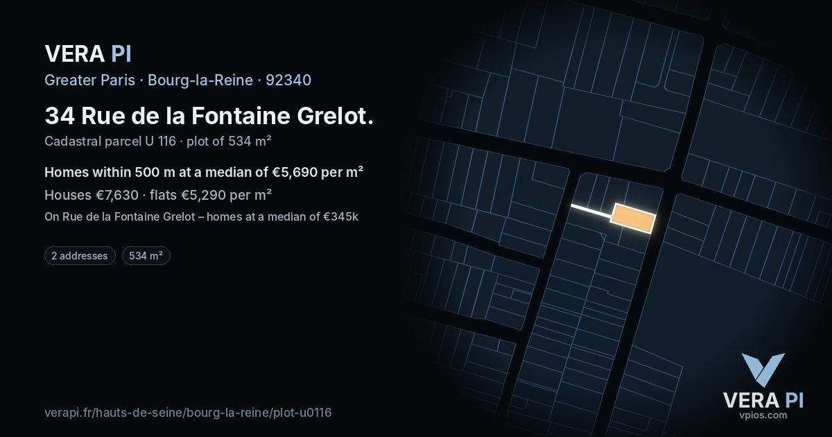 34 Rue de la Fontaine Grelot, Bourg-la-Reine at night – the plot lit, the parcels around coloured by the prices near them