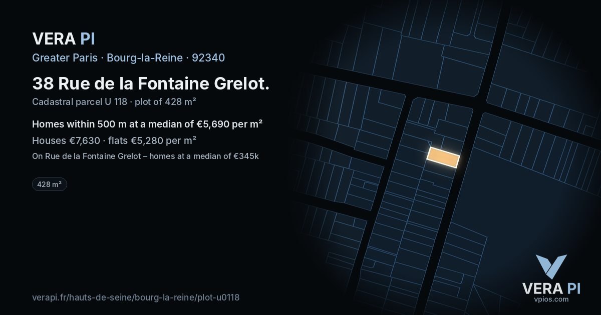 38 Rue de la Fontaine Grelot, Bourg-la-Reine at night – the plot lit, the parcels around coloured by the prices near them