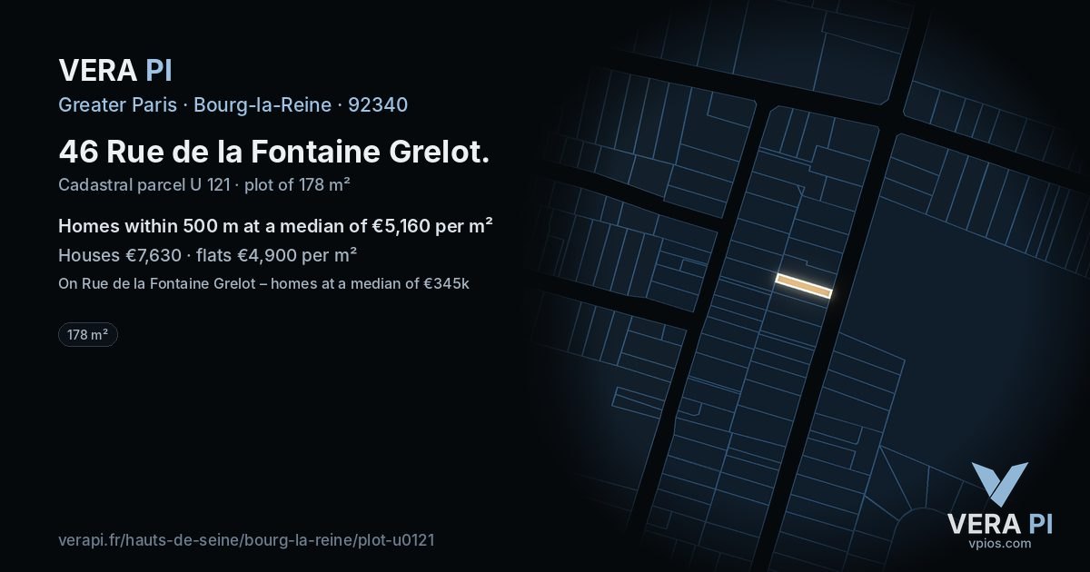 46 Rue de la Fontaine Grelot, Bourg-la-Reine at night – the plot lit, the parcels around coloured by the prices near them