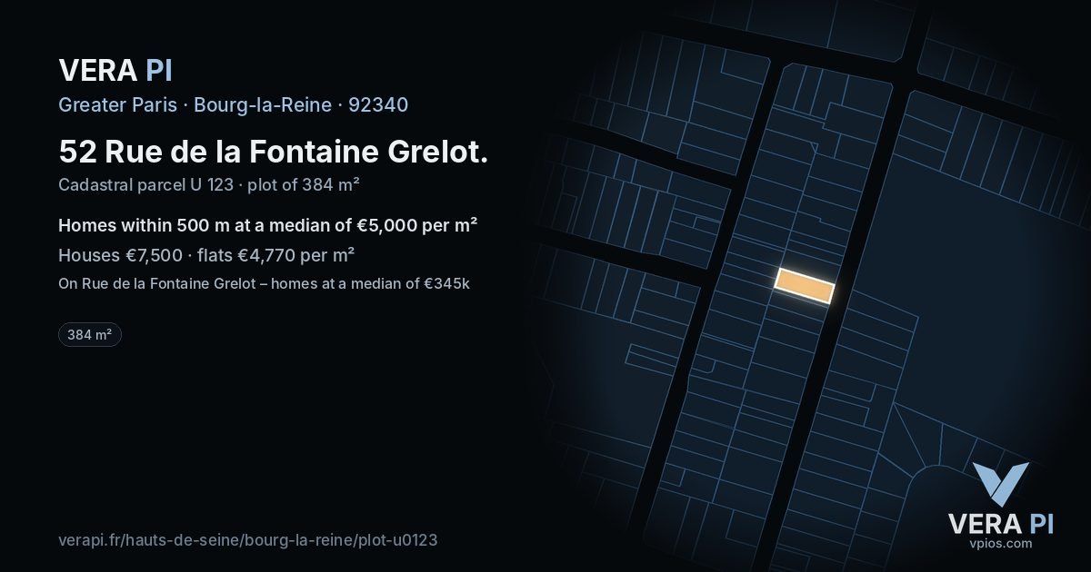 52 Rue de la Fontaine Grelot, Bourg-la-Reine at night – the plot lit, the parcels around coloured by the prices near them
