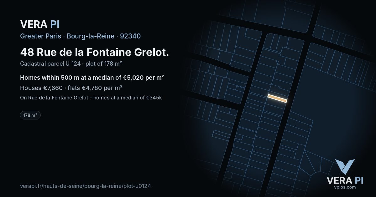 48 Rue de la Fontaine Grelot, Bourg-la-Reine at night – the plot lit, the parcels around coloured by the prices near them