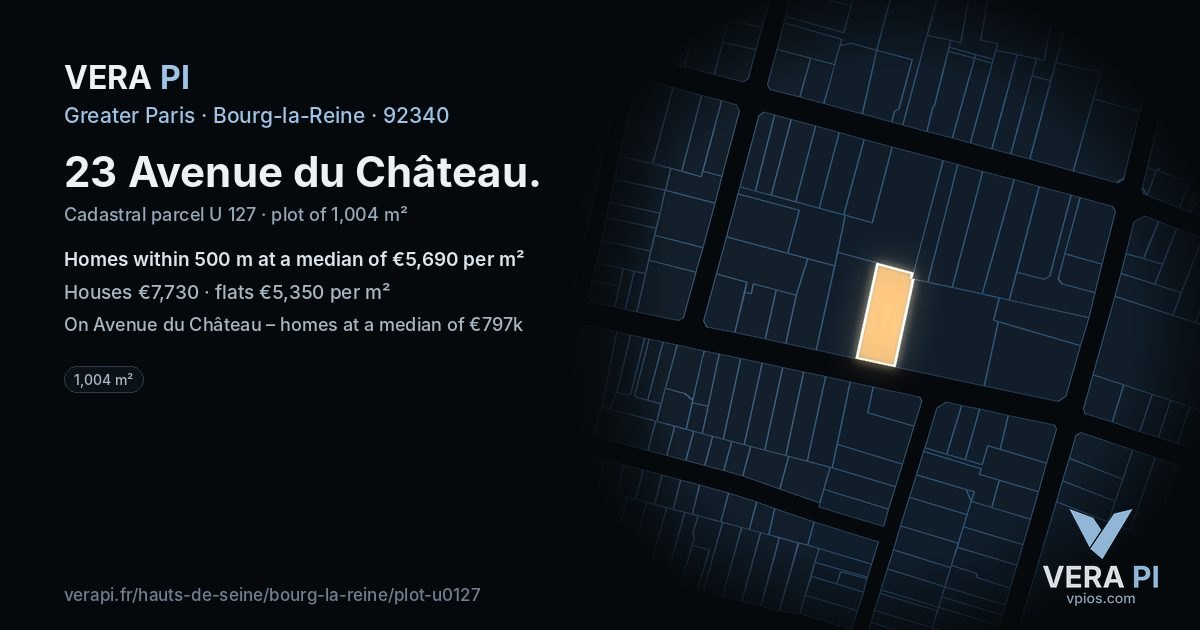 23 Avenue du Château, Bourg-la-Reine at night – the plot lit, the parcels around coloured by the prices near them