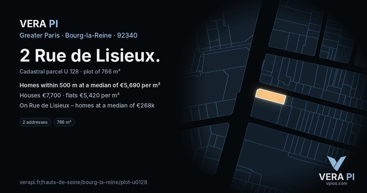 2 Rue de Lisieux, Bourg-la-Reine at night – the plot lit, the parcels around coloured by the prices near them