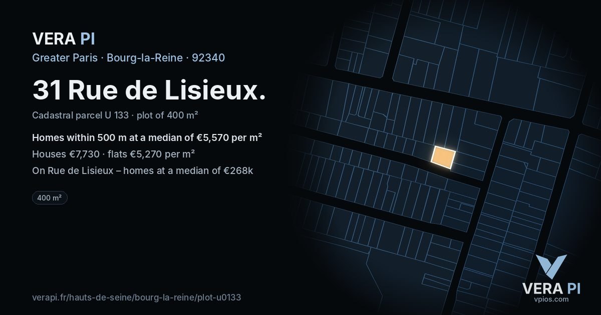 31 Rue de Lisieux, Bourg-la-Reine at night – the plot lit, the parcels around coloured by the prices near them