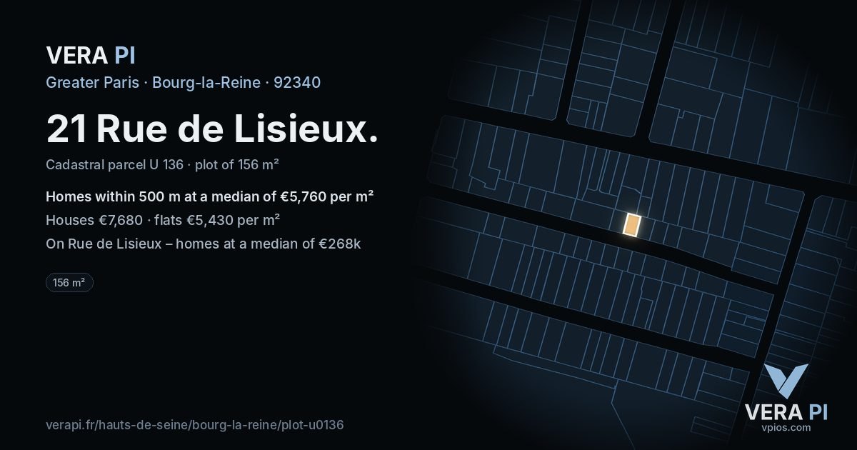 21 Rue de Lisieux, Bourg-la-Reine at night – the plot lit, the parcels around coloured by the prices near them