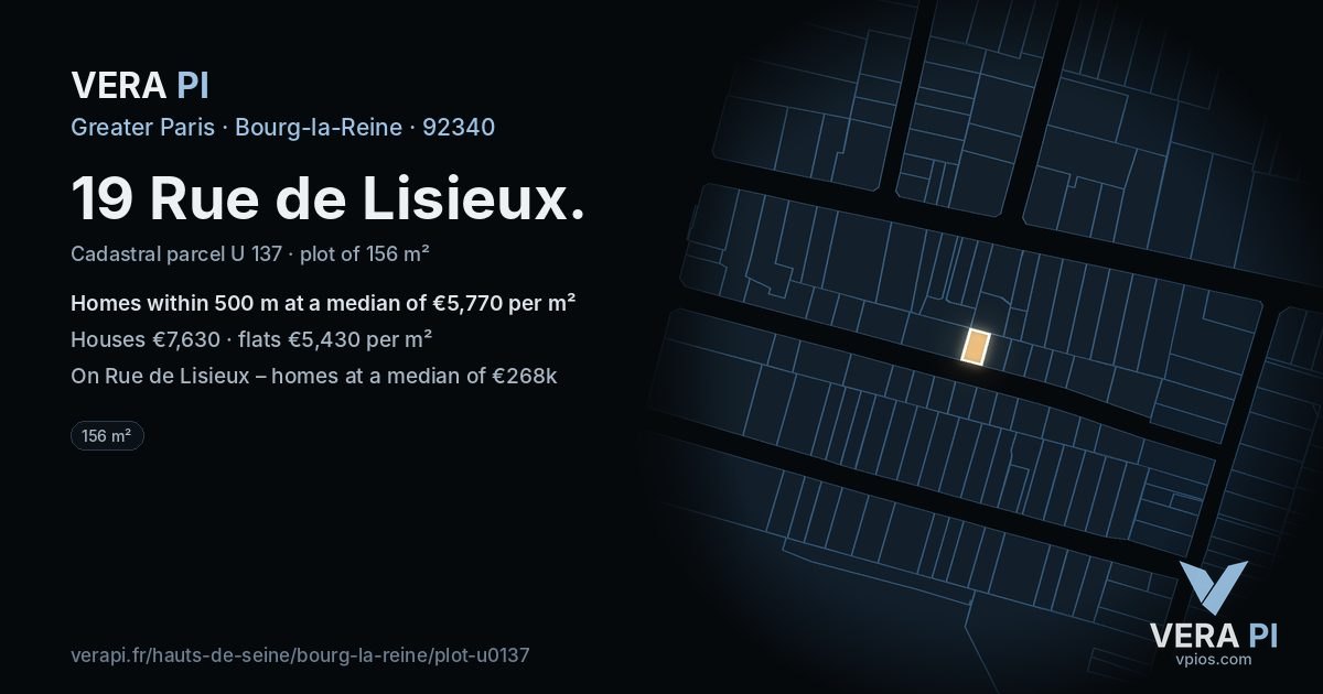 19 Rue de Lisieux, Bourg-la-Reine at night – the plot lit, the parcels around coloured by the prices near them