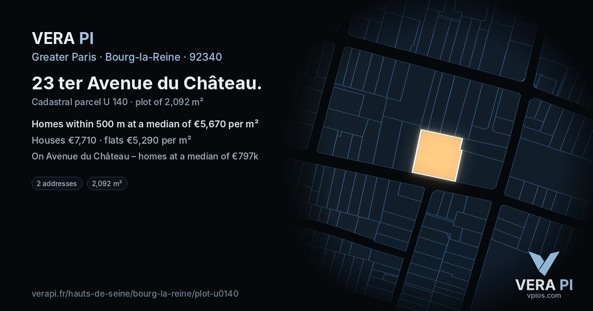 23 ter Avenue du Château, Bourg-la-Reine at night – the plot lit, the parcels around coloured by the prices near them