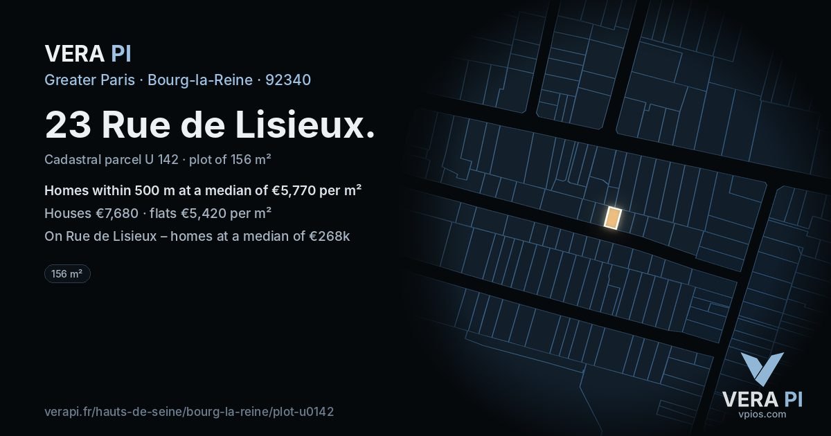23 Rue de Lisieux, Bourg-la-Reine at night – the plot lit, the parcels around coloured by the prices near them