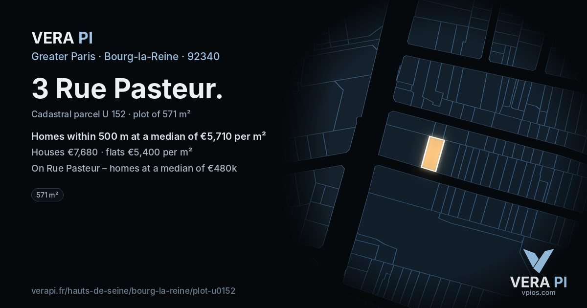 3 Rue Pasteur, Bourg-la-Reine at night – the plot lit, the parcels around coloured by the prices near them